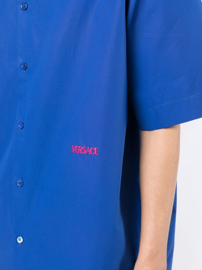 Shop Versace Contrast-logo Poplin Bowling Shirt In Blau