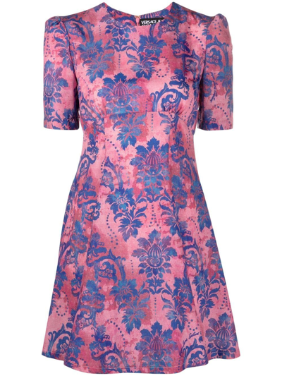 Shop Versace Jeans Couture Floral-print Flared Mini Dress In Rosa