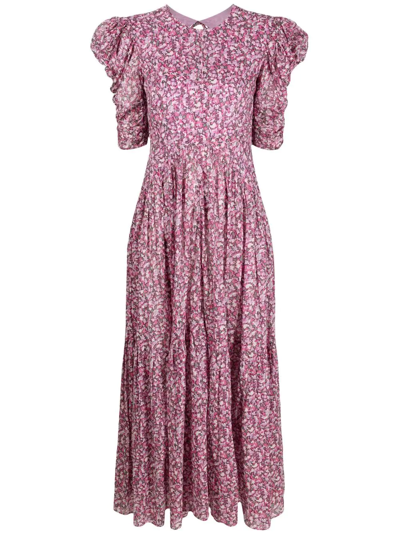 Shop Isabel Marant Étoile Floral Puff-sleeve Midi Dress In Rosa