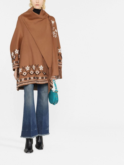 Ermanno Scervino Embroidered Fringed Poncho In Marrone | ModeSens
