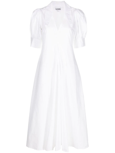 Shop Ganni V-neck Organic Cotton Midi Dress In Weiss
