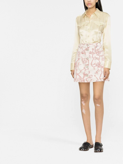 Shop Ganni Graphic-print Organic Cotton Button-up Skirt In Nude