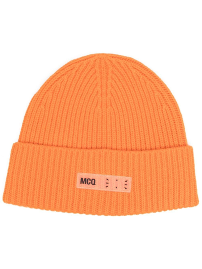 Shop Mcq By Alexander Mcqueen Logo-patch Ribbed-knit Beanie In Orange