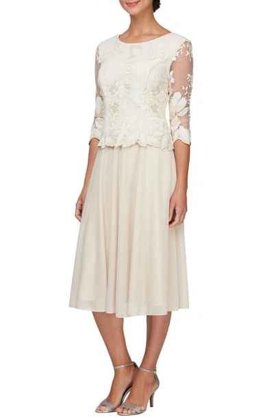 Shop Alex Evenings Illusion Sleeve Embroidered Midi Dress In Taupe