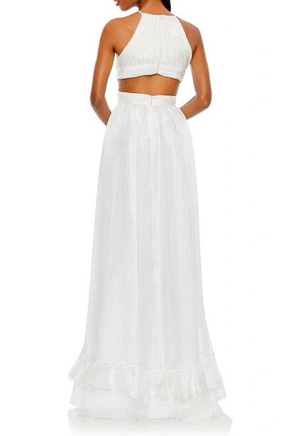 Shop Mac Duggal Pleated Cutout Halter Neck Gown In White