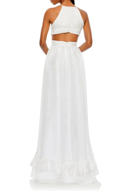 Mac Duggal Pleated Criss Cross Cut-out Halter Neck Gown In White
