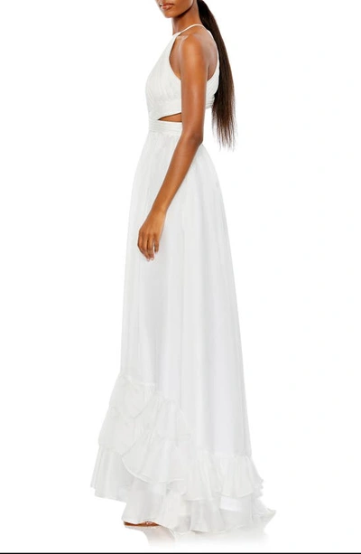 Mac Duggal Pleated Criss Cross Cut-out Halter Neck Gown In White