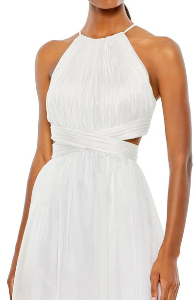 Mac Duggal Pleated Criss Cross Cut-out Halter Neck Gown In White