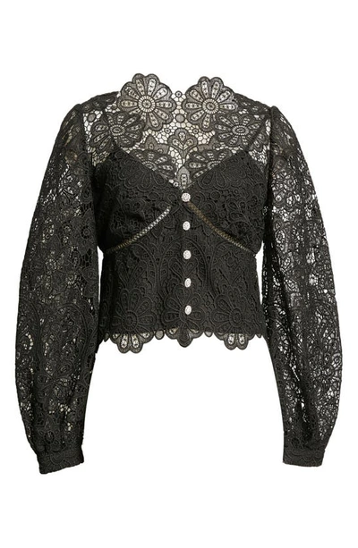 Shop Self-portrait Floral Puff Sleeve Guipure Lace Blouse In Black