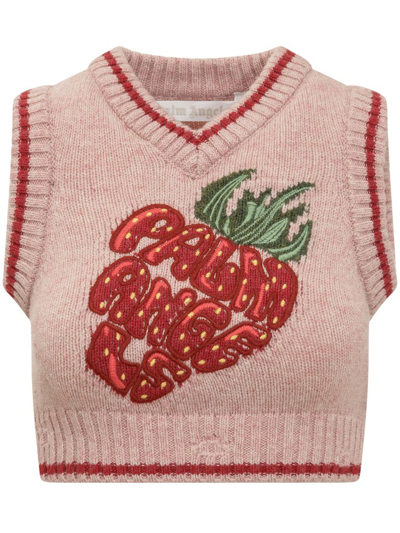 Shop Palm Angels Strawberry Embroidered Knit Vest In Pink