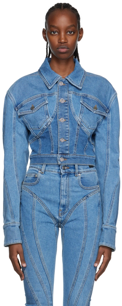 Mugler Blue Cropped Stretch denim Jacket ModeSens