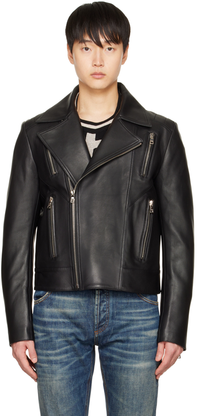 Shop Balmain Black Biker Leather Jacket In 0pa Noir