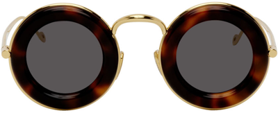 Shop Loewe Gold Round Acetate Sunglasses In 52a Dark Havana / Sm