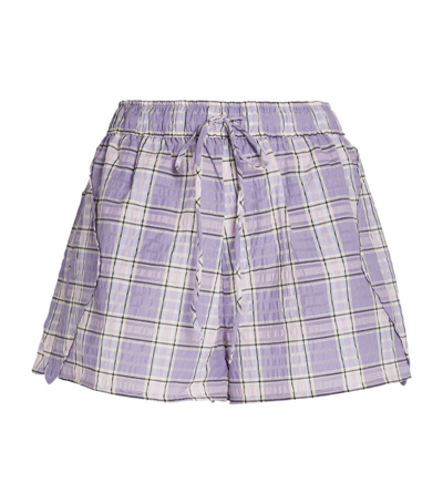 Shop Ganni Check Seersucker Shorts In Purple