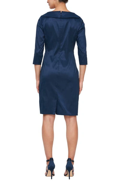 Alex Evenings Three-quarter Sleeve Taffeta Sheath Cocktail Dress In Navy