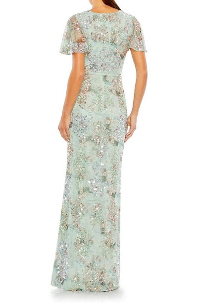 Mac Duggal Sequin Flutter Sleeve Chiffon Gown In Seamist
