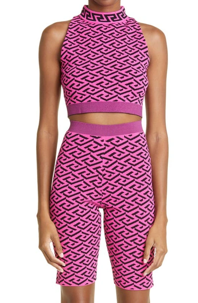 Shop Versace La Greca Jacquard Crop Top In Fuxia