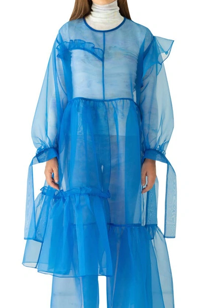 Shop Kkco Nine Twenty-seven Asymmetrical Ruffle Sheer Organza Dress In Blue