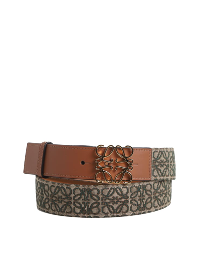 Shop Loewe Anagram Belt In Leather And Jacquard In Khaki Green/tan/gold