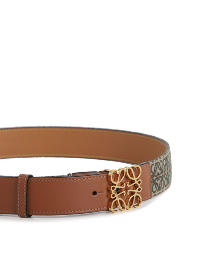 Shop Loewe Anagram Belt In Leather And Jacquard In Khaki Green/tan/gold