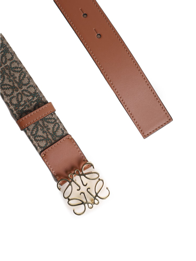 Shop Loewe Anagram Belt In Leather And Jacquard In Khaki Green/tan/gold