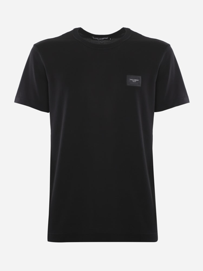 Shop Dolce & Gabbana Cotton T-shirt With Logoed Plaque In Black