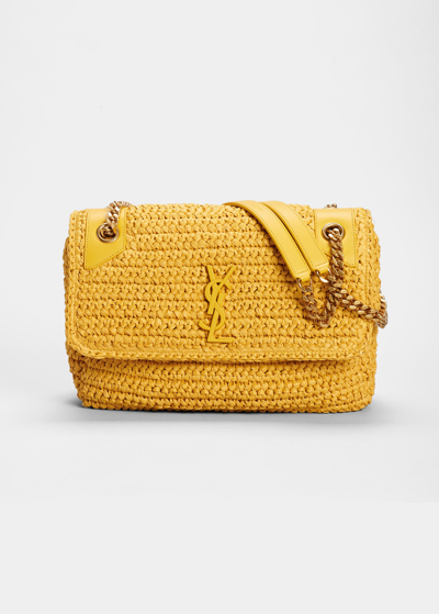 Shop Saint Laurent Niki Ysl Monogram Medium Crocheted Shoulder Bag In Yellow