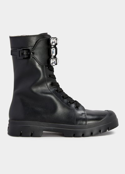 Shop Roger Vivier Walkyviv Calfskin Crystal-buckle Mid Boots In Black