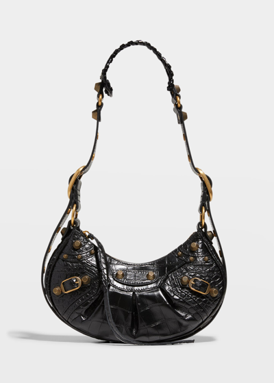 Shop Balenciaga Le Cagole Xs Croc-embossed Shoulder Bag In Black