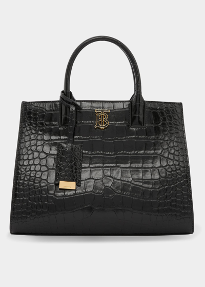 Shop Burberry Frances Croc-embossed Leather Top-handle Bag In Black