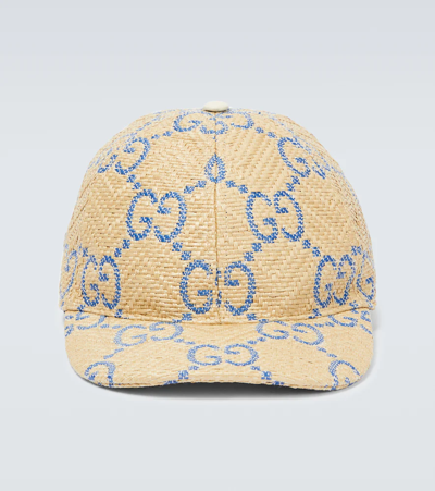 Shop Gucci Gg Raffia-effect Baseball Cap In Sand/white