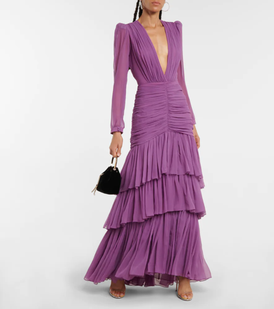 Shop Costarellos Mila Ruched Tiered Silk Chiffon Gown In Plum
