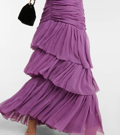 Shop Costarellos Mila Ruched Tiered Silk Chiffon Gown In Plum