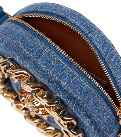 Shop Versace Medusa Denim Crossbody Bag In Navy Blue- Gold