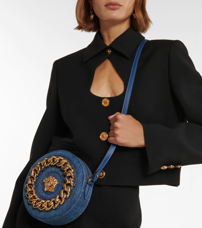 Shop Versace Medusa Denim Crossbody Bag In Navy Blue- Gold