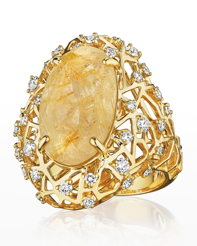 Shop Hueb 18k Estelar Yellow Gold Ring With Vs/gh Diamonds And Rutilated Quartz
