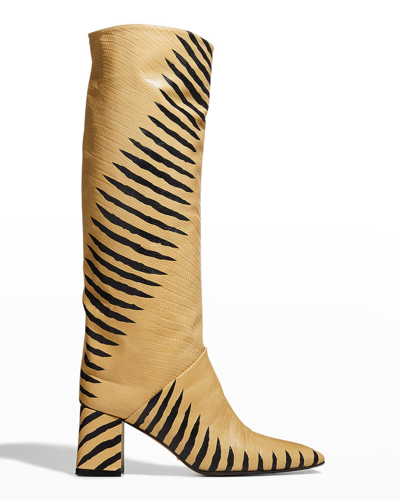 Shop Miista Finola Tiger Stripe Mid Boots In Camel Black Cebra