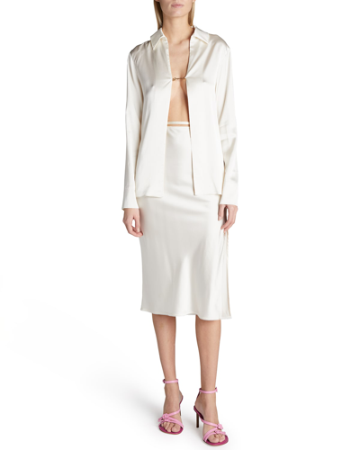Shop Jacquemus Notte Strappy-waist Satin Midi Skirt In Off-white