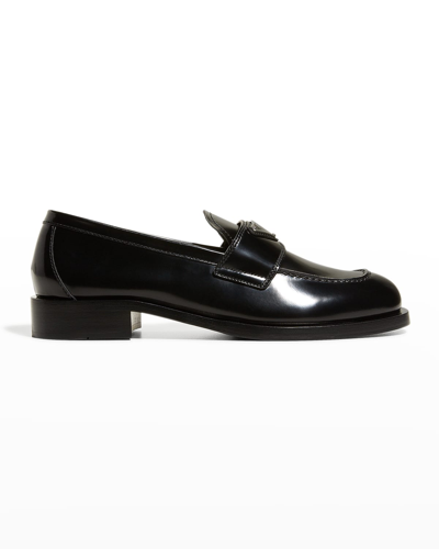 Shop Prada Calfskin Logo Flat Loafers In Nero
