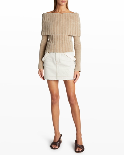 Shop Jacquemus Duci Off-the-shoulder Rib Sweater In Dark Beige