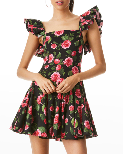 Shop Alice And Olivia Ginny Ruffle-sleeve Godet Mini Dress In Cheri Floral