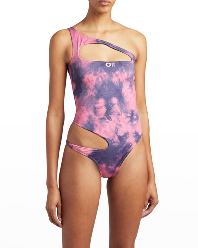 Shop Off-white Cutout Tie-dye One-piece Swimsuit In Pink Blue