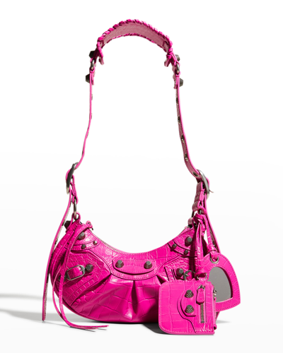 Shop Balenciaga Xs Cagole Croc-embossed Zip Shoulder Bag In Lipstick Pink