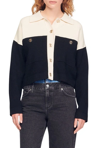Shop Sandro Killim Two-tone Button-up Shirt In Ecru Black
