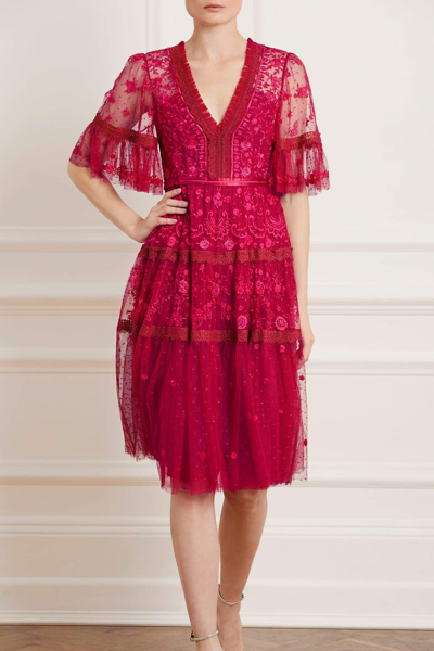 Shop Needle & Thread Lottie Lace Midi Dress In Red