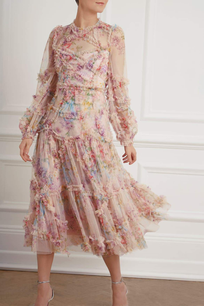 Shop Needle & Thread Floral Diamond Ruffle Ballerina Dress In Multi