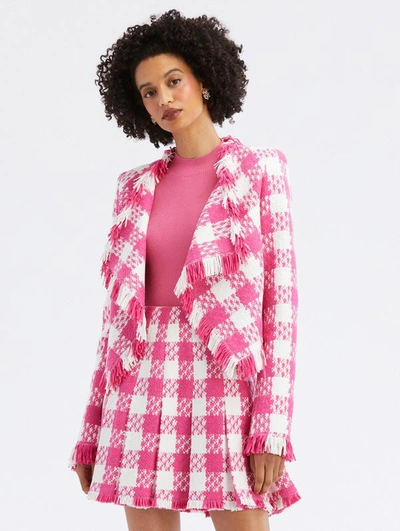Shop Oscar De La Renta Checkered Tweed Draped Lapel Jacket In Pink/ivory