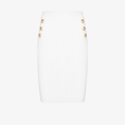 Shop Balmain White Button Trim High Waist Knitted Skirt
