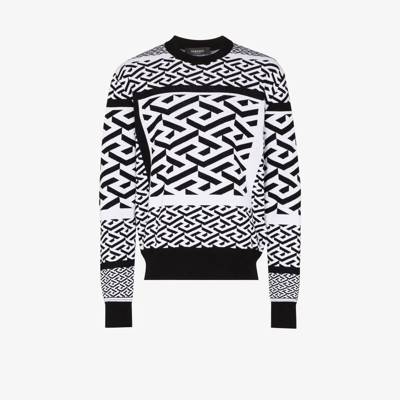 Shop Versace Greca Motif Knitted Sweater - Men's - Cotton/wool In Black