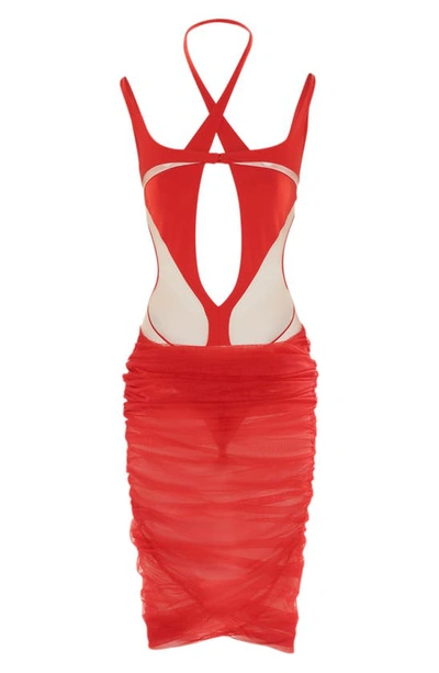 Shop Mugler Cutout Bodysuit Midi Dress In Red / Nude 01